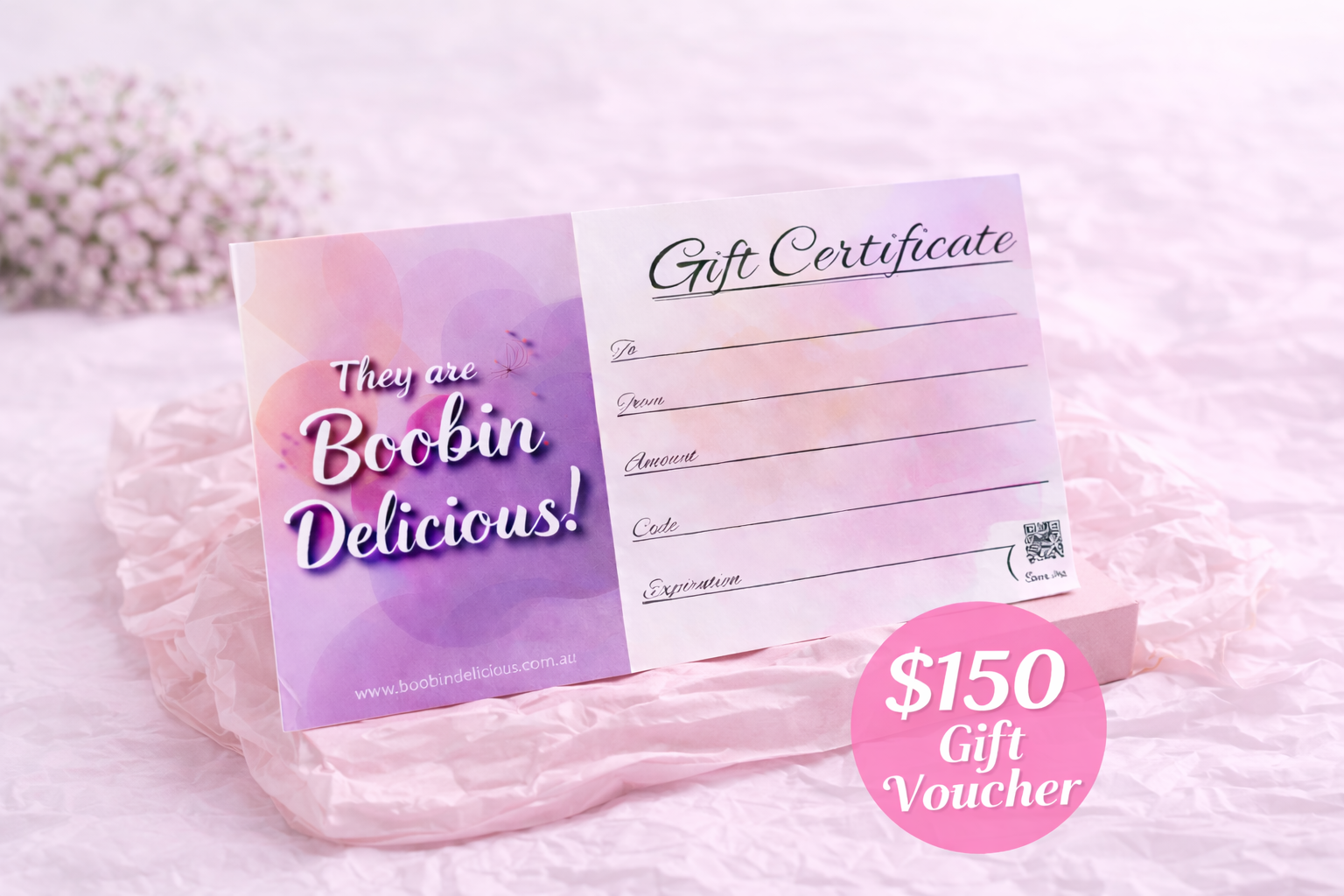 Gift voucher for Lactation Cookies featuring a pink design and space for personalization, perfect for new mothers.