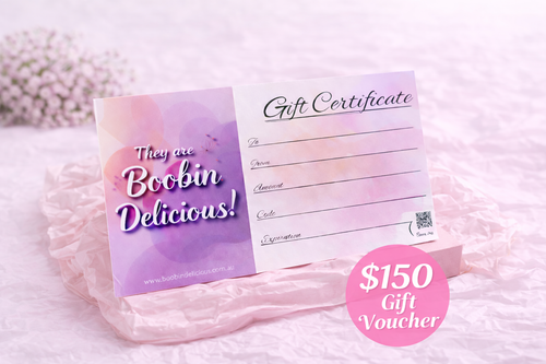 Gift voucher for Lactation Cookies featuring a pink design and space for personalization, perfect for new mothers.