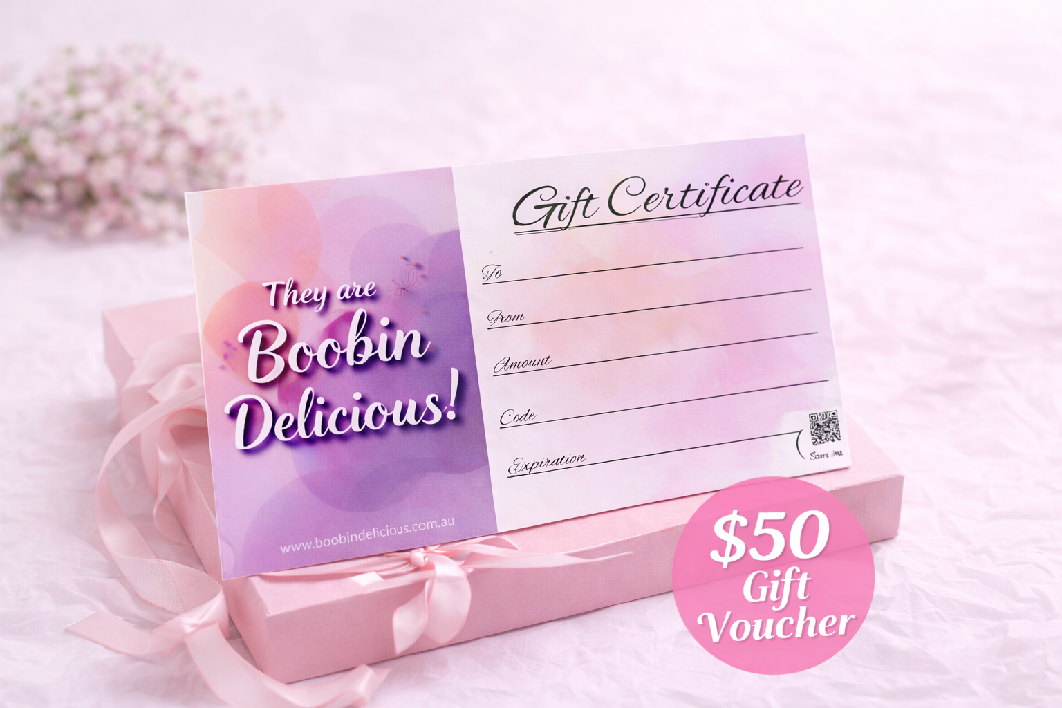 $50 Gift Voucher for Lactation Cookies  - Boobin Delicious gift certificate with pinkbackground.