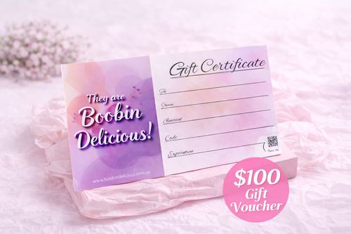 $100 Gift Voucher for Lactation Cookies on a pastel background with floral accents.