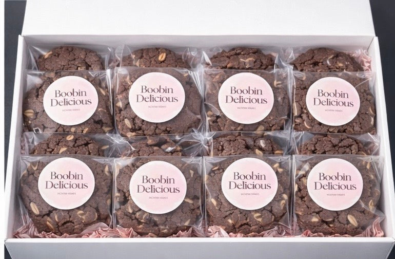 Triple Pack - Original Double Chocolate cookies in a gift box, individually wrapped and labeled 'Boobin Delicious'.
