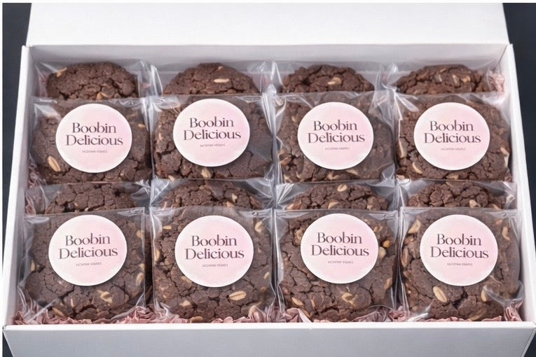 Triple Pack - Chocolate Brownie Vegan Lactation Cookies in a gift box, individually wrapped with Boobin Delicious labels.