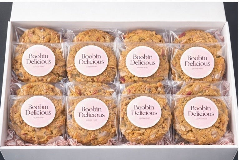 Triple Pack - Goji White Chocolate cookies in a gift box, labeled Boobin Delicious, showcasing individually wrapped treats.