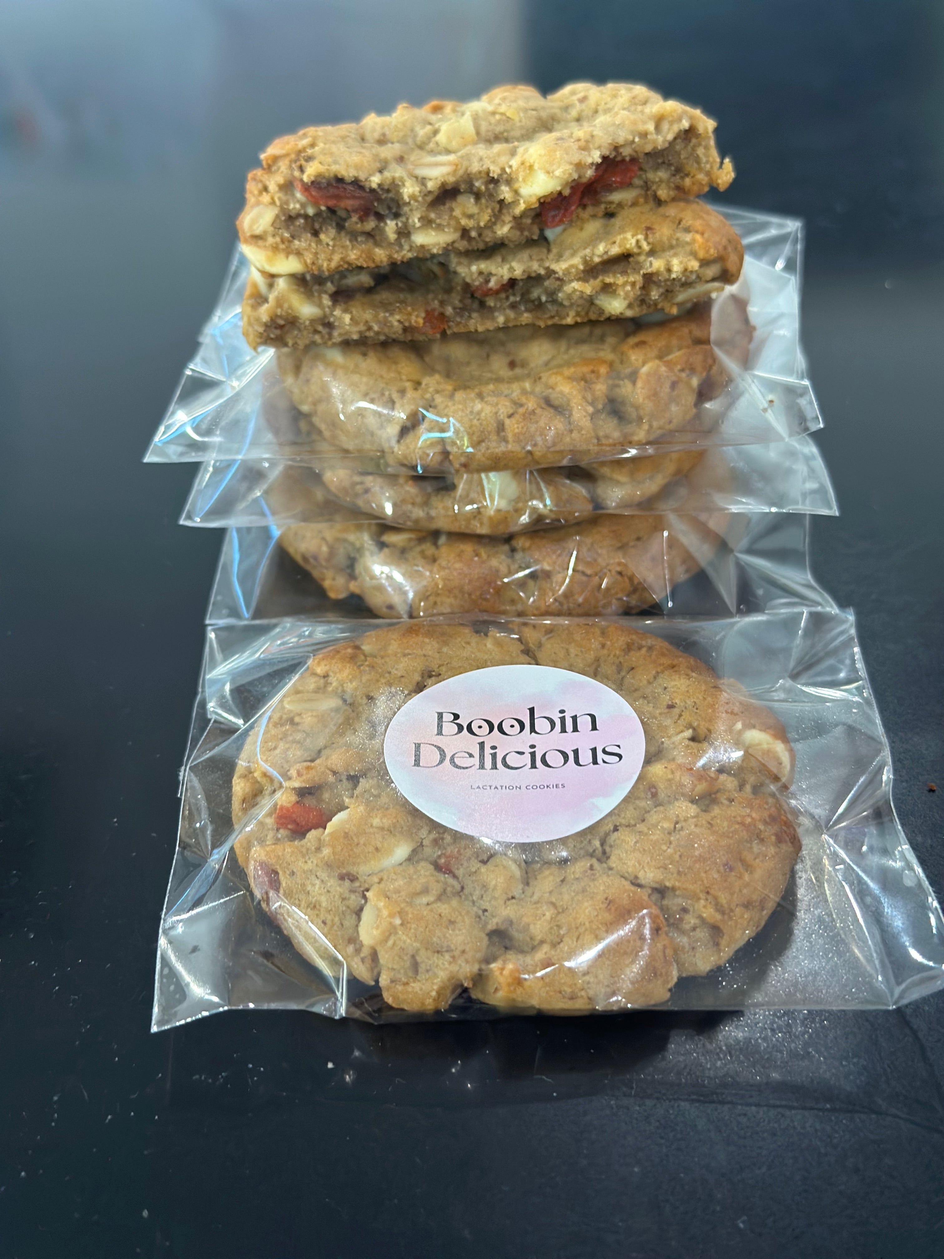 12 Goji White Chocolate Lactation Cookies Broken open goji white chocolate cookie