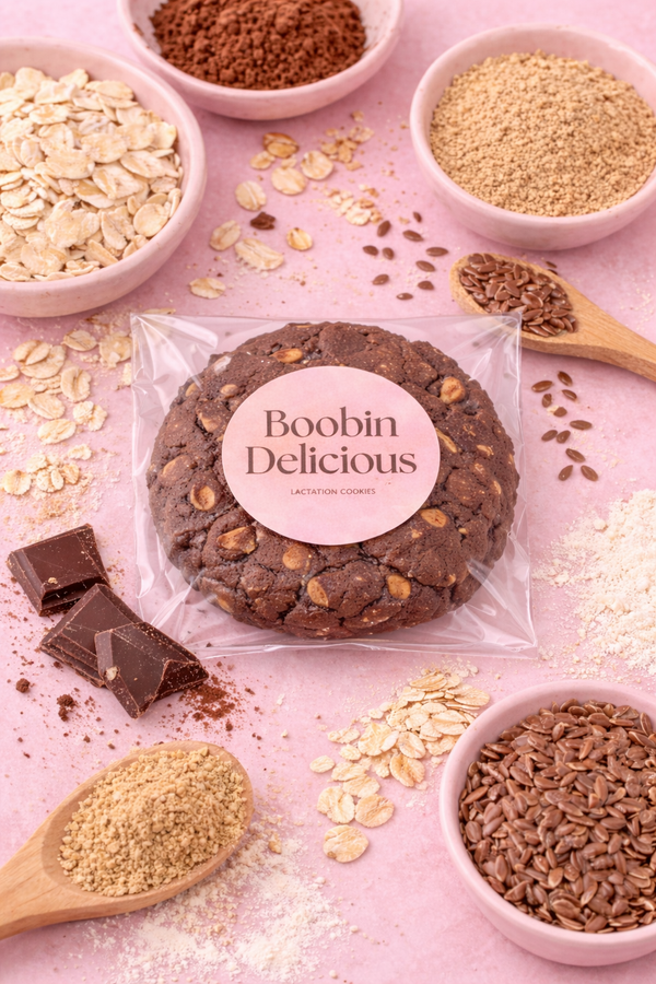 12 Chocolate Brownie Vegan Lactation Cookies pink background