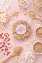 12 Goji White Chocolate Lactation Cookies. oats, flaxseeds, and other ingredients on a pink background