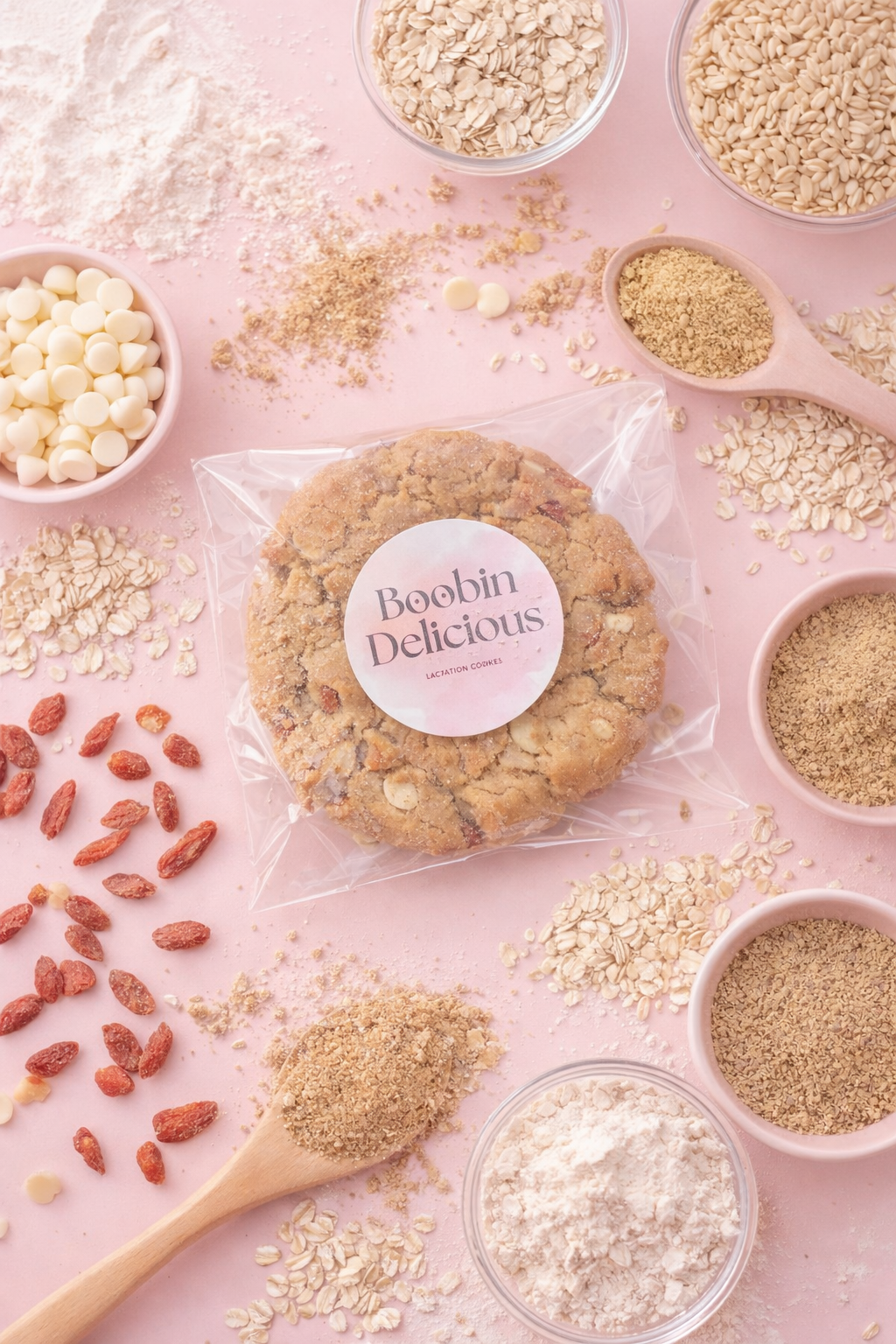12 Goji White Chocolate Lactation Cookies. oats, flaxseeds, and other ingredients on a pink background