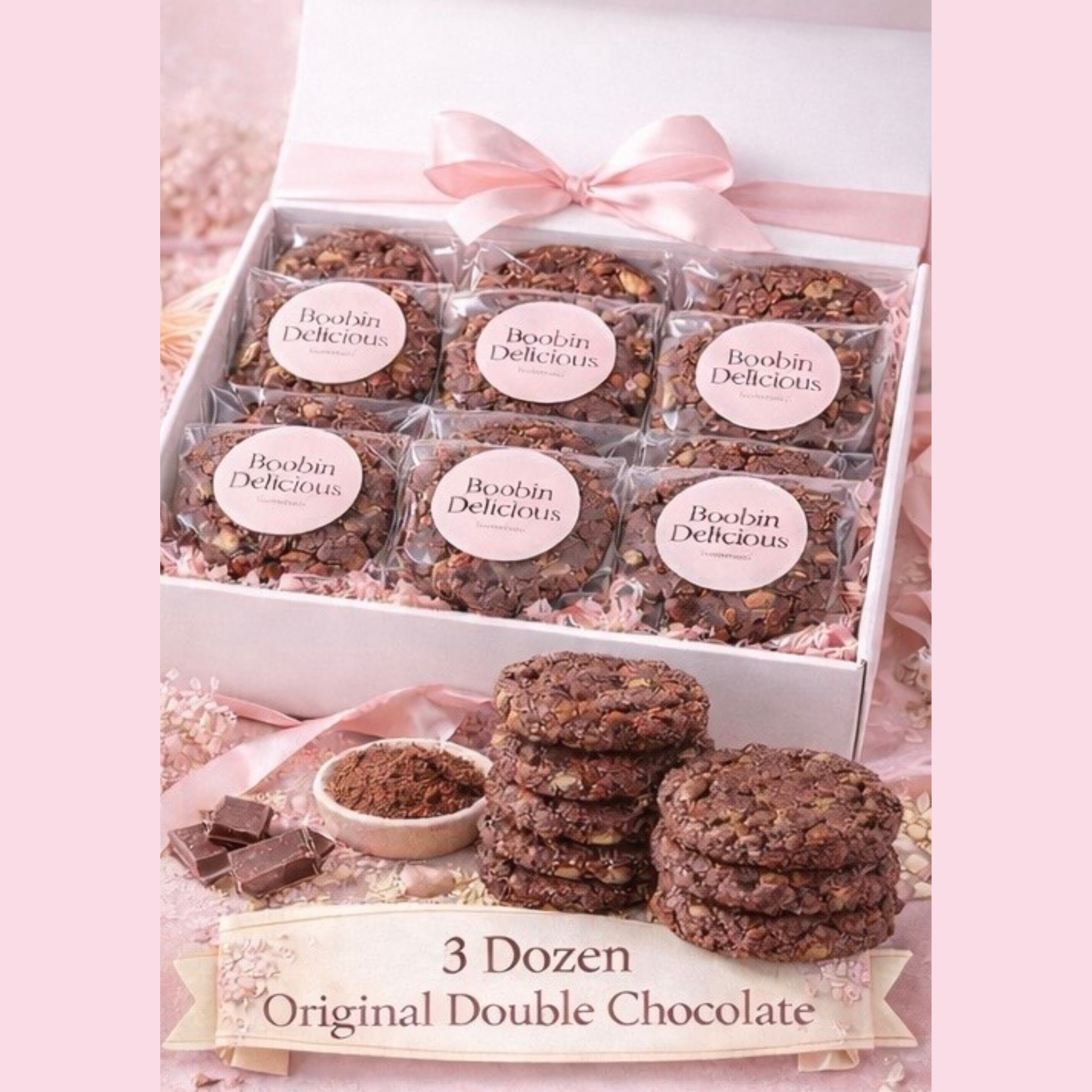 Triple Pack - Original Double Chocolate cookies in a gift box with six individually wrapped packs and a label.